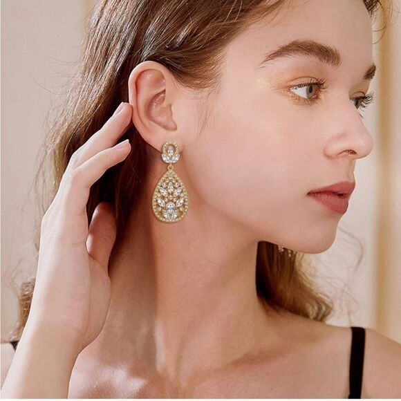 Yellow Gold with White Diamond Austrian Crystal Teardrop Chandelier Earrings - Picture 5 of 7